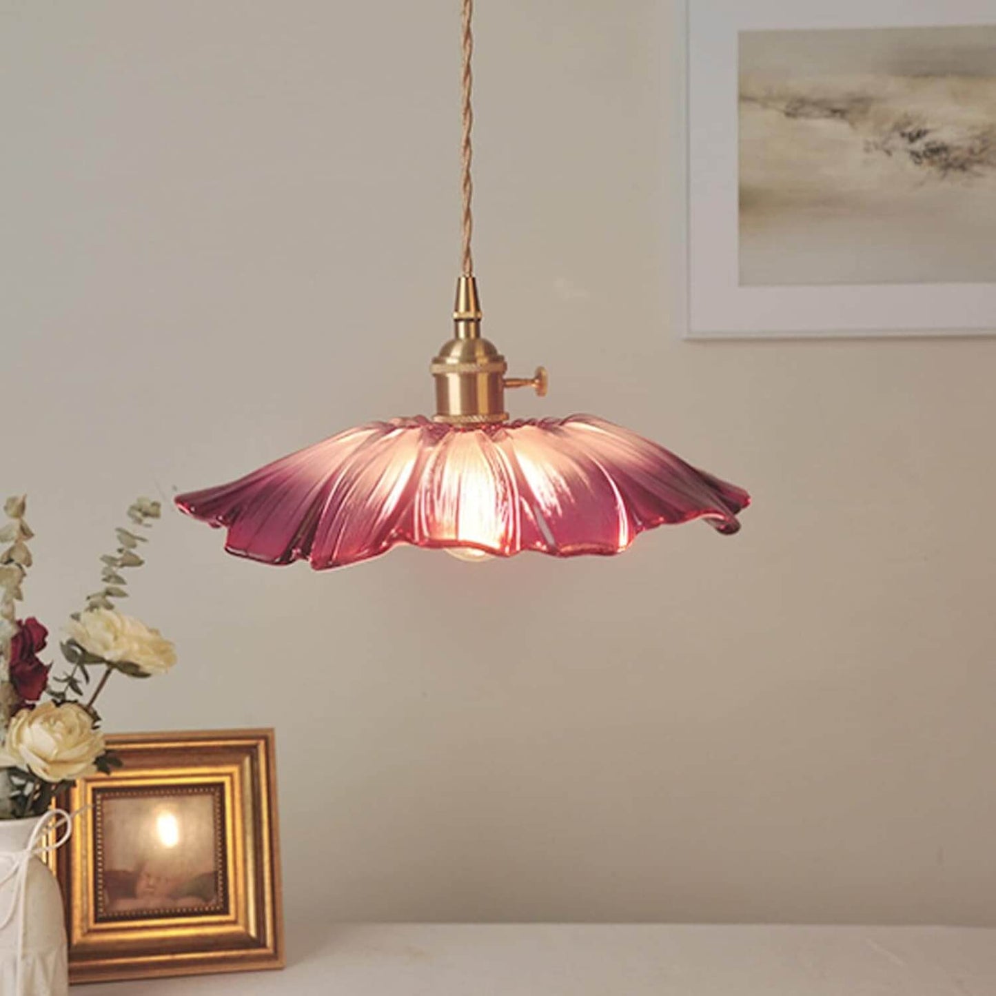 Retro Flower Glass Pendant Light for Dining Room, Vintage Hanging Lamp