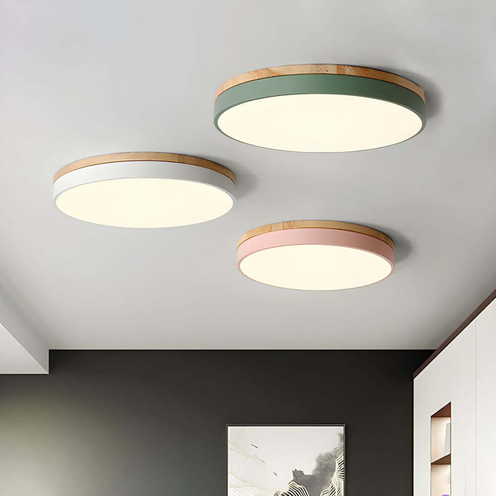 Wooden Round Flush Mount Ceiling Light Fixture for Living Room, Hallway, Bedroom