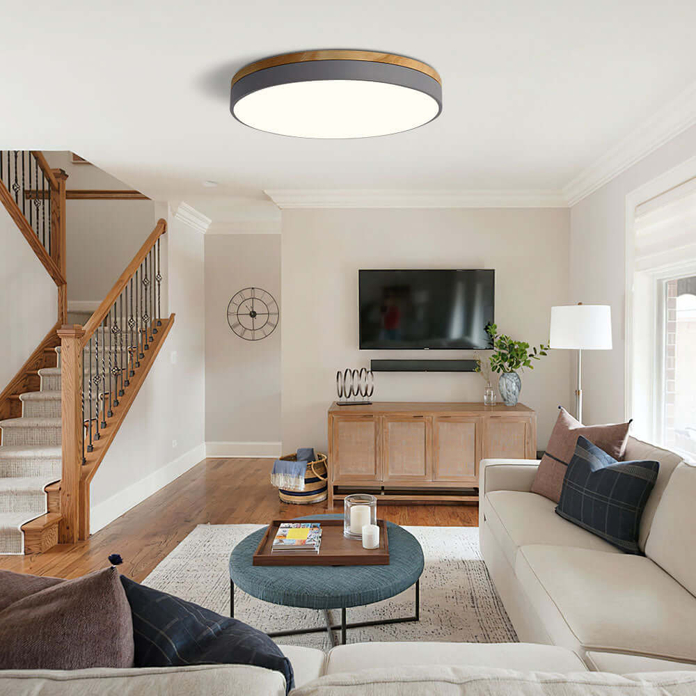 Wooden Round Flush Mount Ceiling Light Fixture for Living Room, Hallway, Bedroom