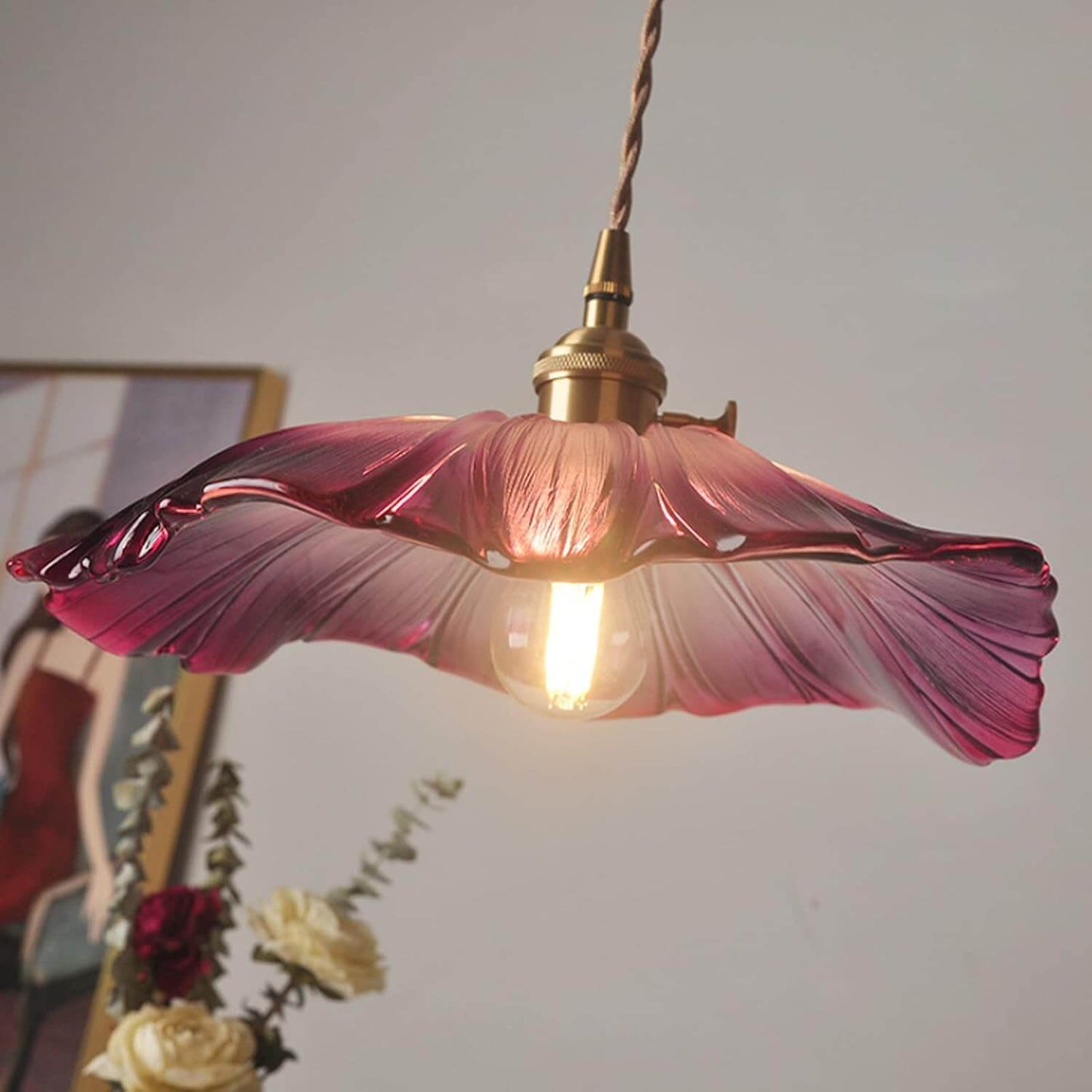 Retro Flower Glass Pendant Light for Dining Room, Vintage Hanging Lamp